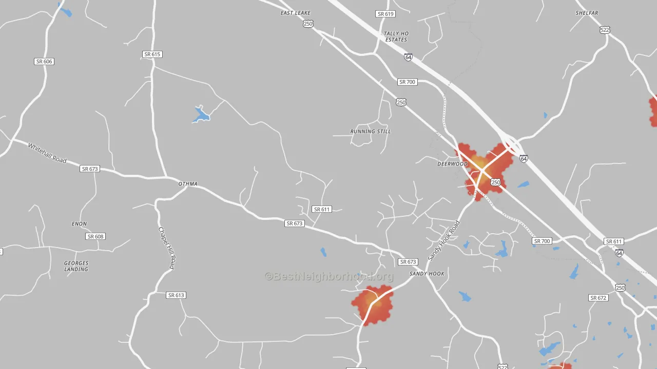 Walk Grade map of 23153, VA, walkable areas in green and car-dependent areas in red