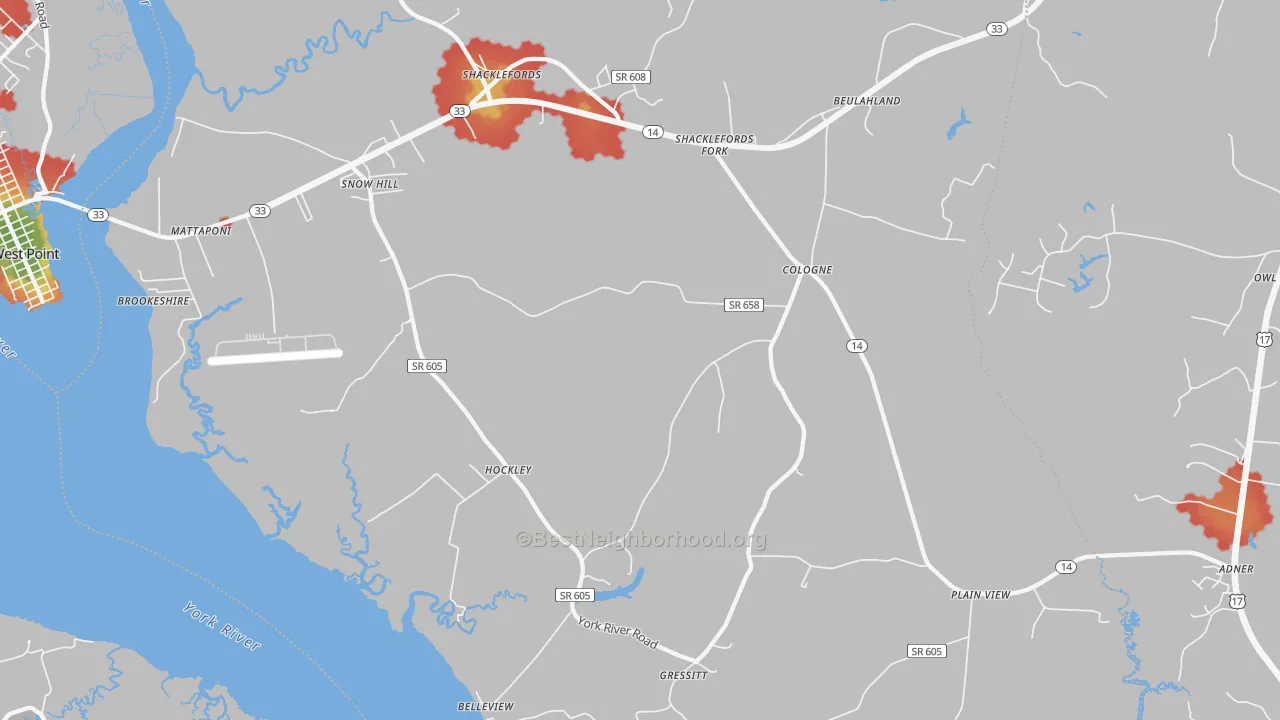 Walk Grade map of 23156, VA, walkable areas in green and car-dependent areas in red