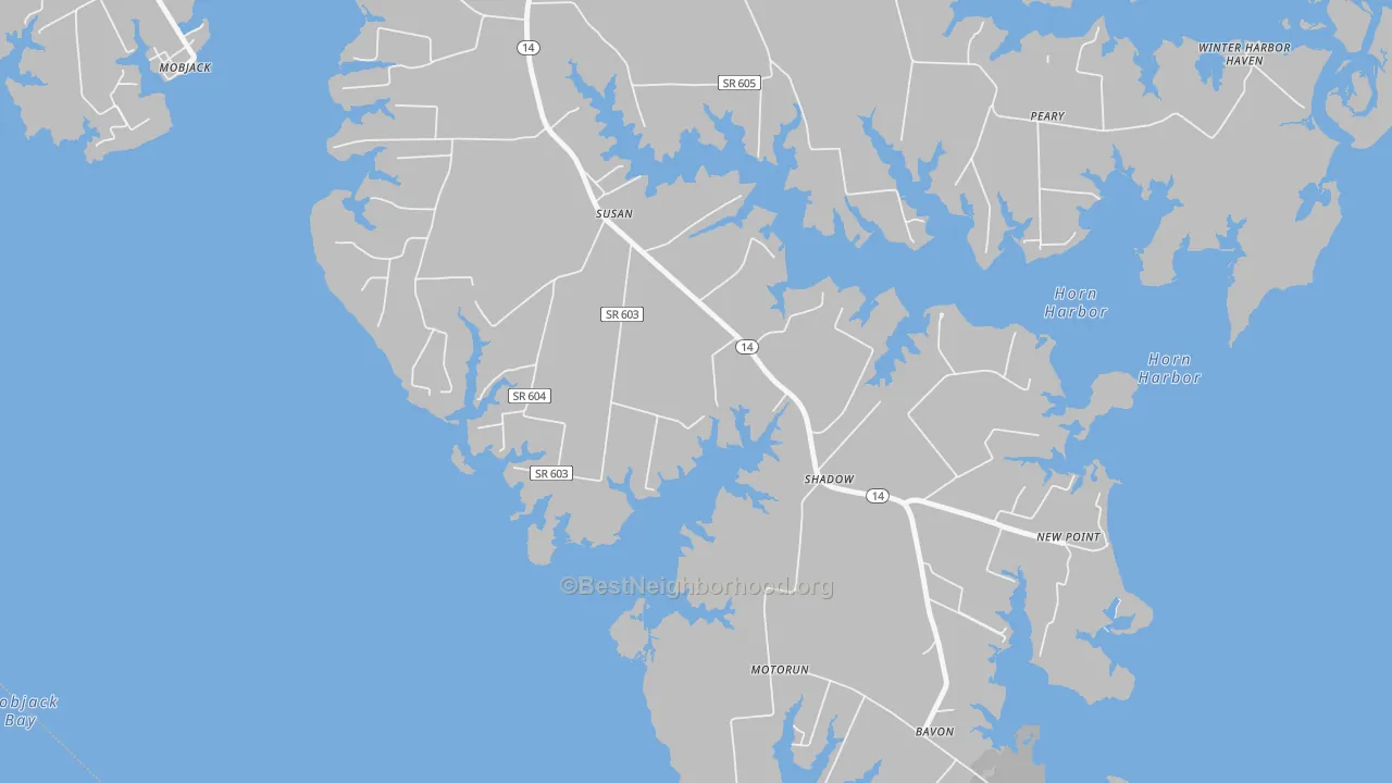 Walk Grade map of 23163, VA, walkable areas in green and car-dependent areas in red