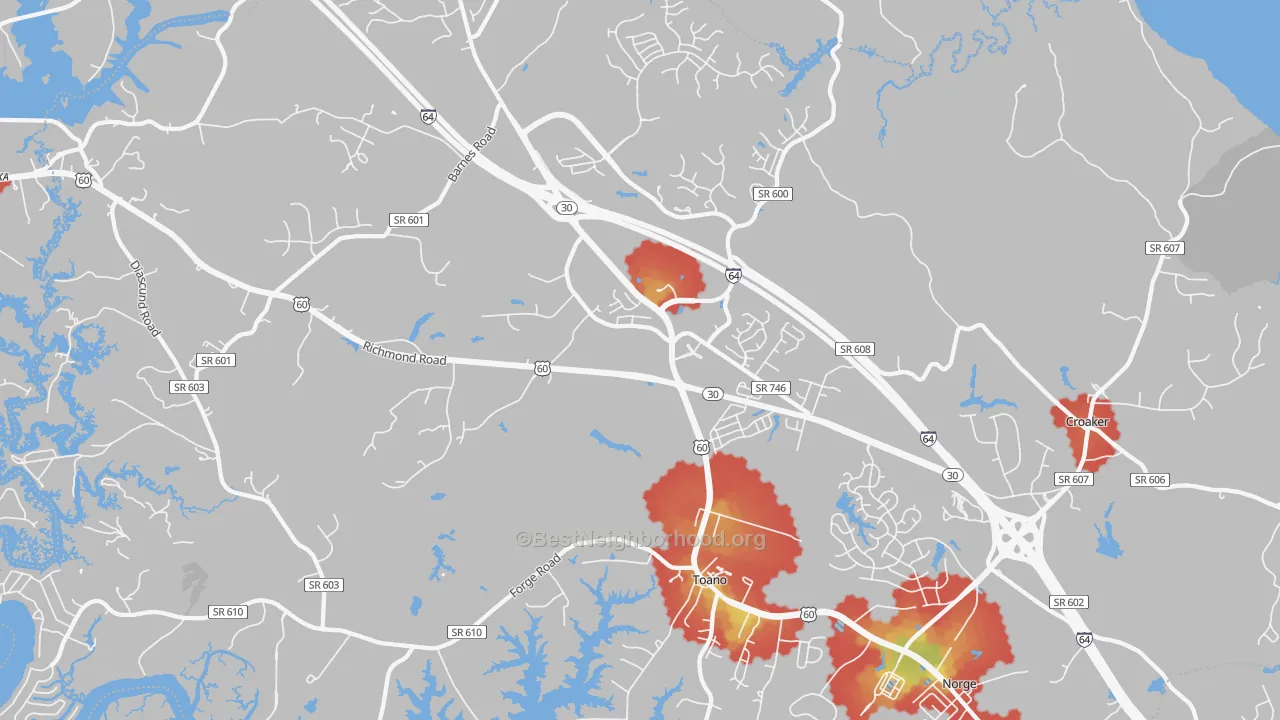 Walk Grade map of 23168, VA, walkable areas in green and car-dependent areas in red