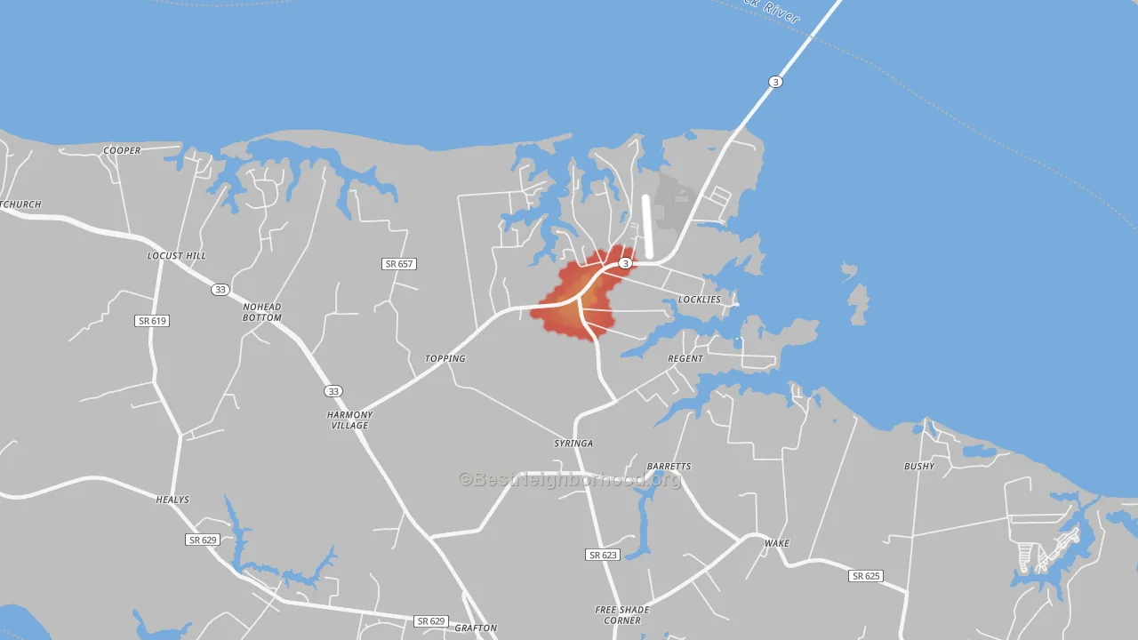 Walk Grade map of 23169, VA, walkable areas in green and car-dependent areas in red