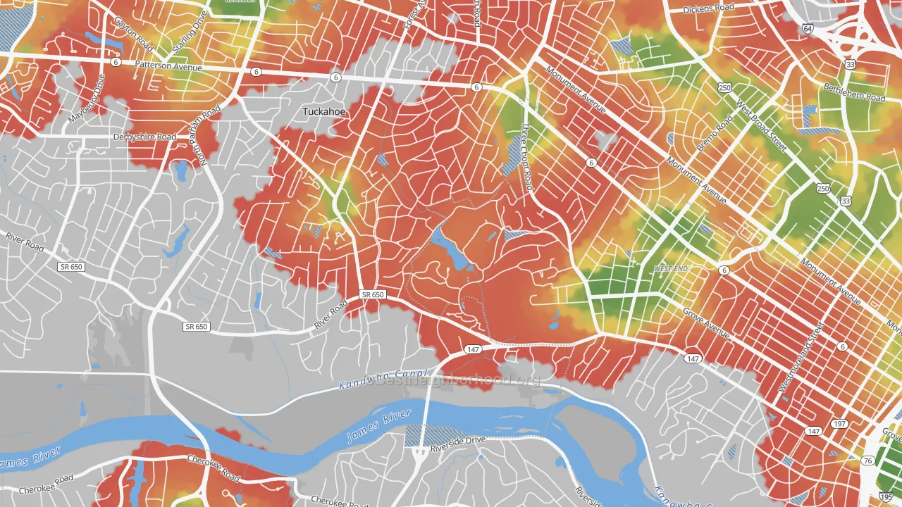 Walk Grade map of 23173, VA, walkable areas in green and car-dependent areas in red