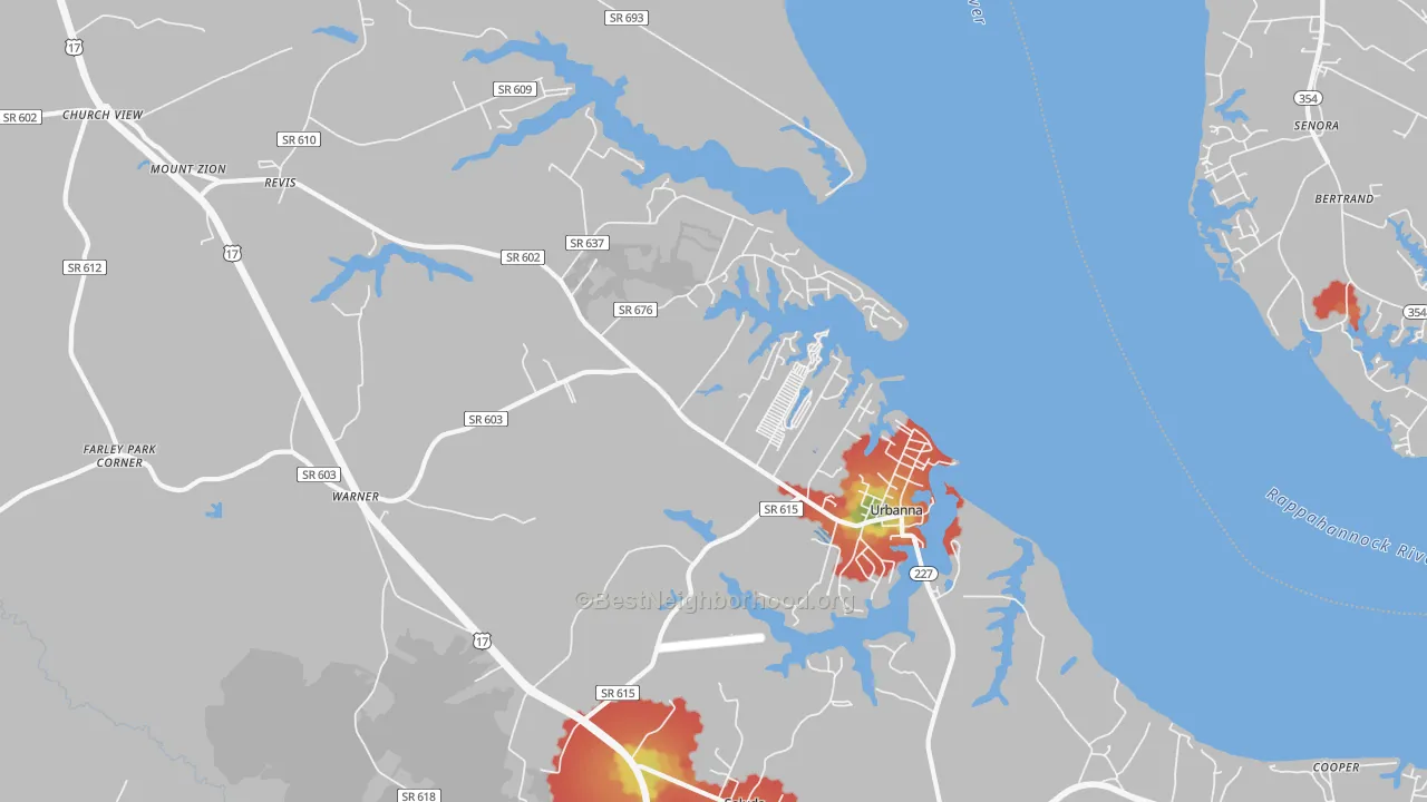 Walk Grade map of 23175, VA, walkable areas in green and car-dependent areas in red