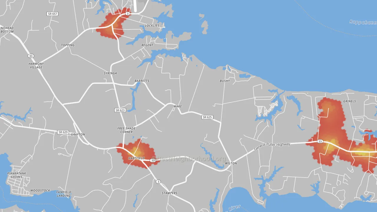 Walk Grade map of 23176, VA, walkable areas in green and car-dependent areas in red