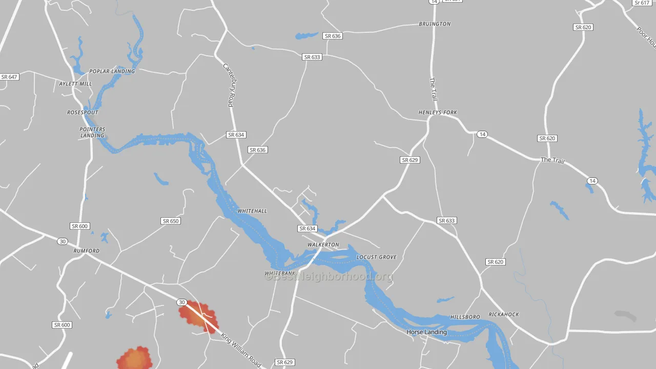 Walk Grade map of 23177, VA, walkable areas in green and car-dependent areas in red