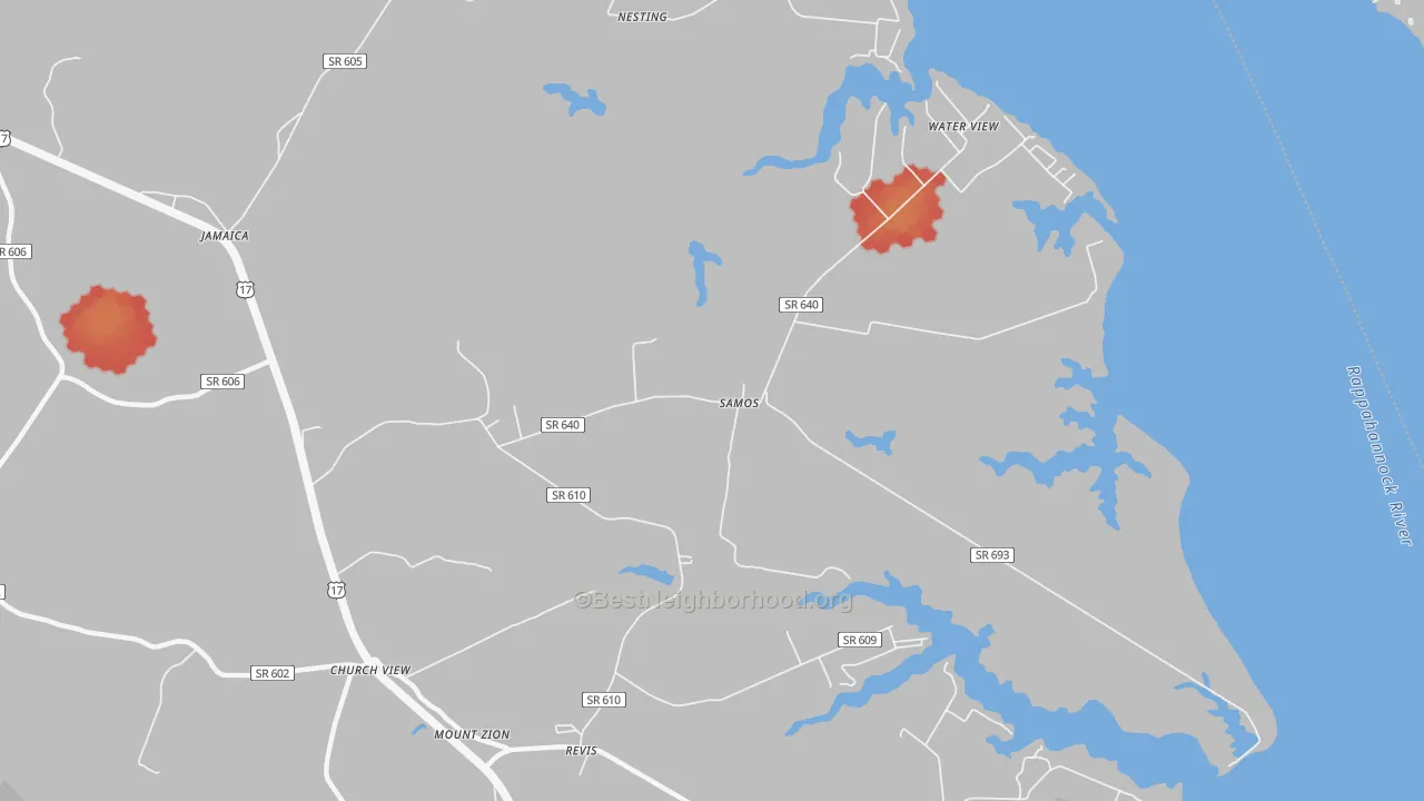 Walk Grade map of 23180, VA, walkable areas in green and car-dependent areas in red