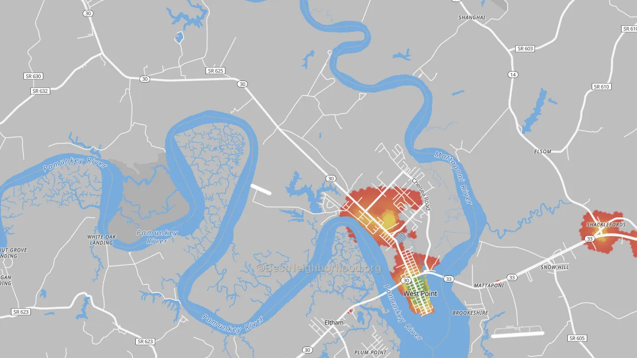 Walk Grade map of 23181, VA, walkable areas in green and car-dependent areas in red