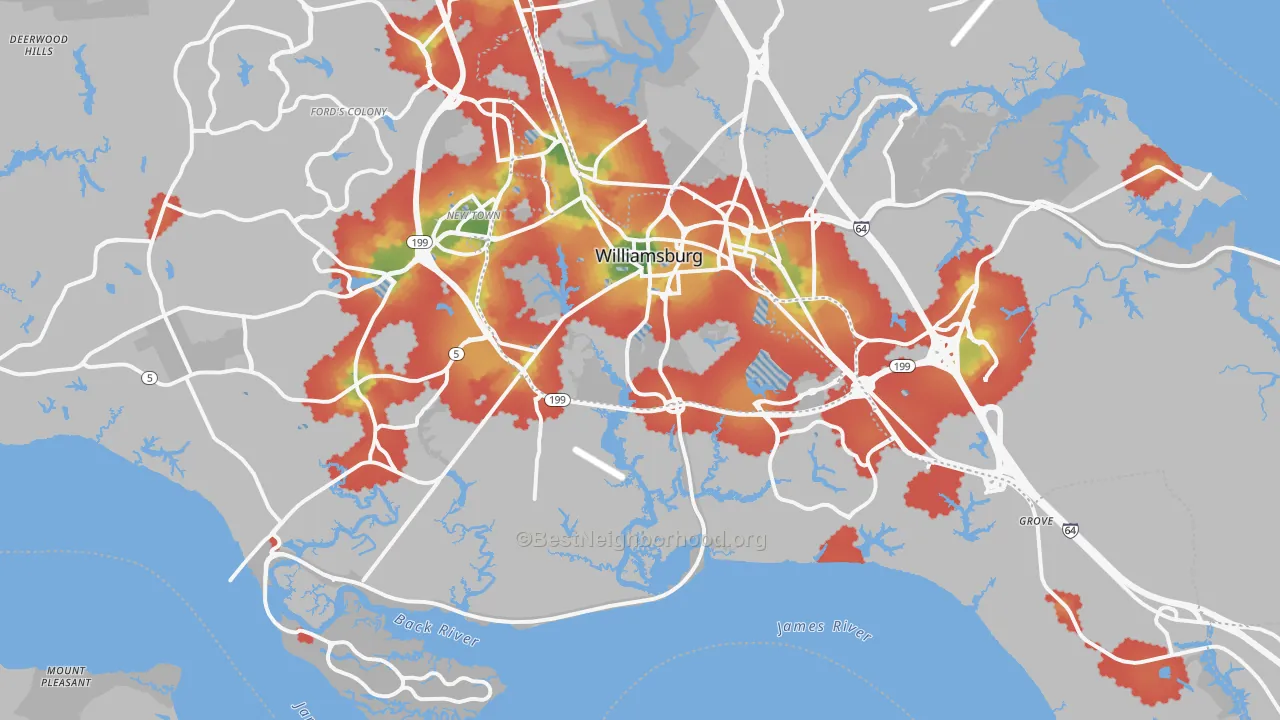 Walk Grade map of 23185, VA, walkable areas in green and car-dependent areas in red