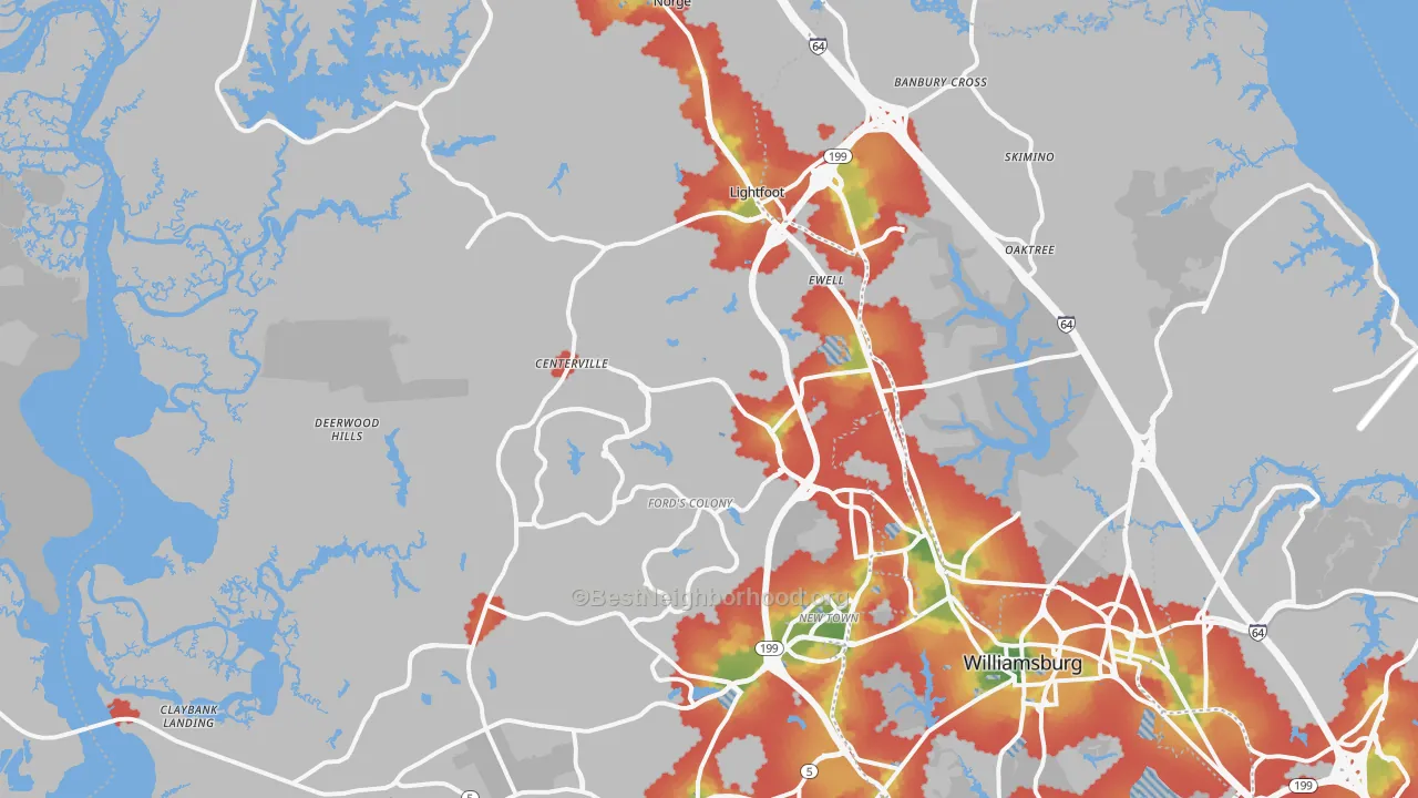 Walk Grade map of 23188, VA, walkable areas in green and car-dependent areas in red