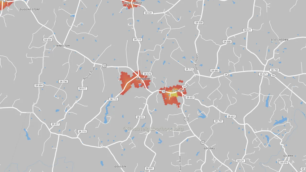 Walk Grade map of 23192, VA, walkable areas in green and car-dependent areas in red