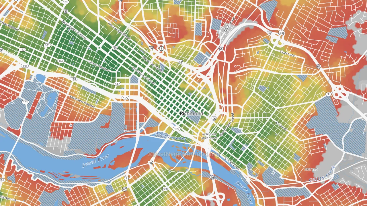 Walk Grade map of 23219, VA, walkable areas in green and car-dependent areas in red