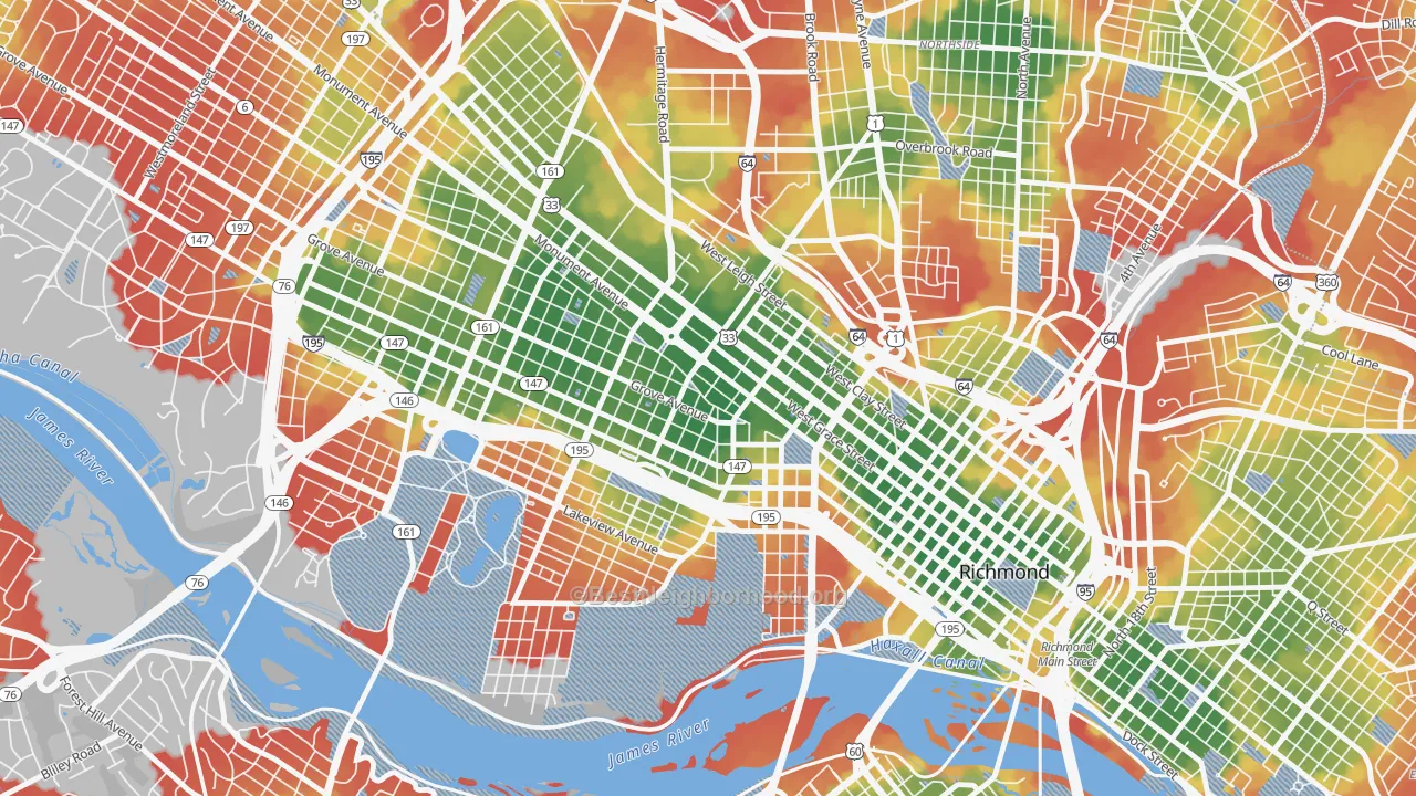 Walk Grade map of 23220, VA, walkable areas in green and car-dependent areas in red