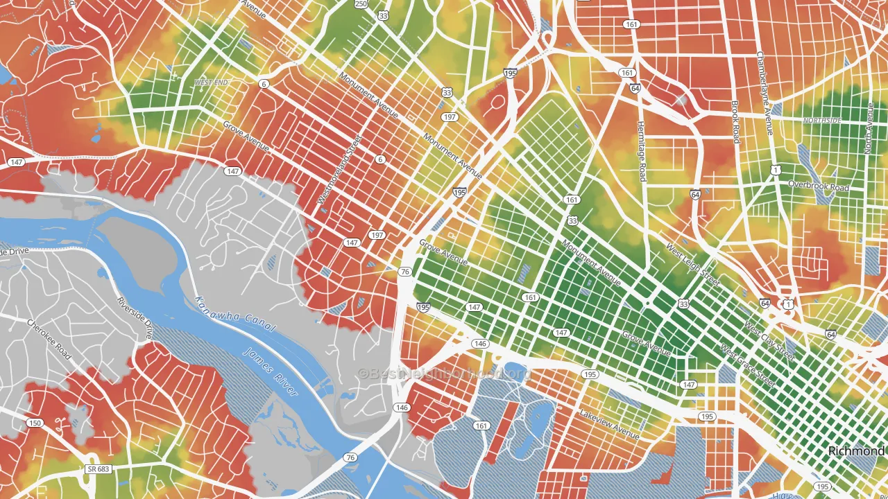 Walk Grade map of 23221, VA, walkable areas in green and car-dependent areas in red