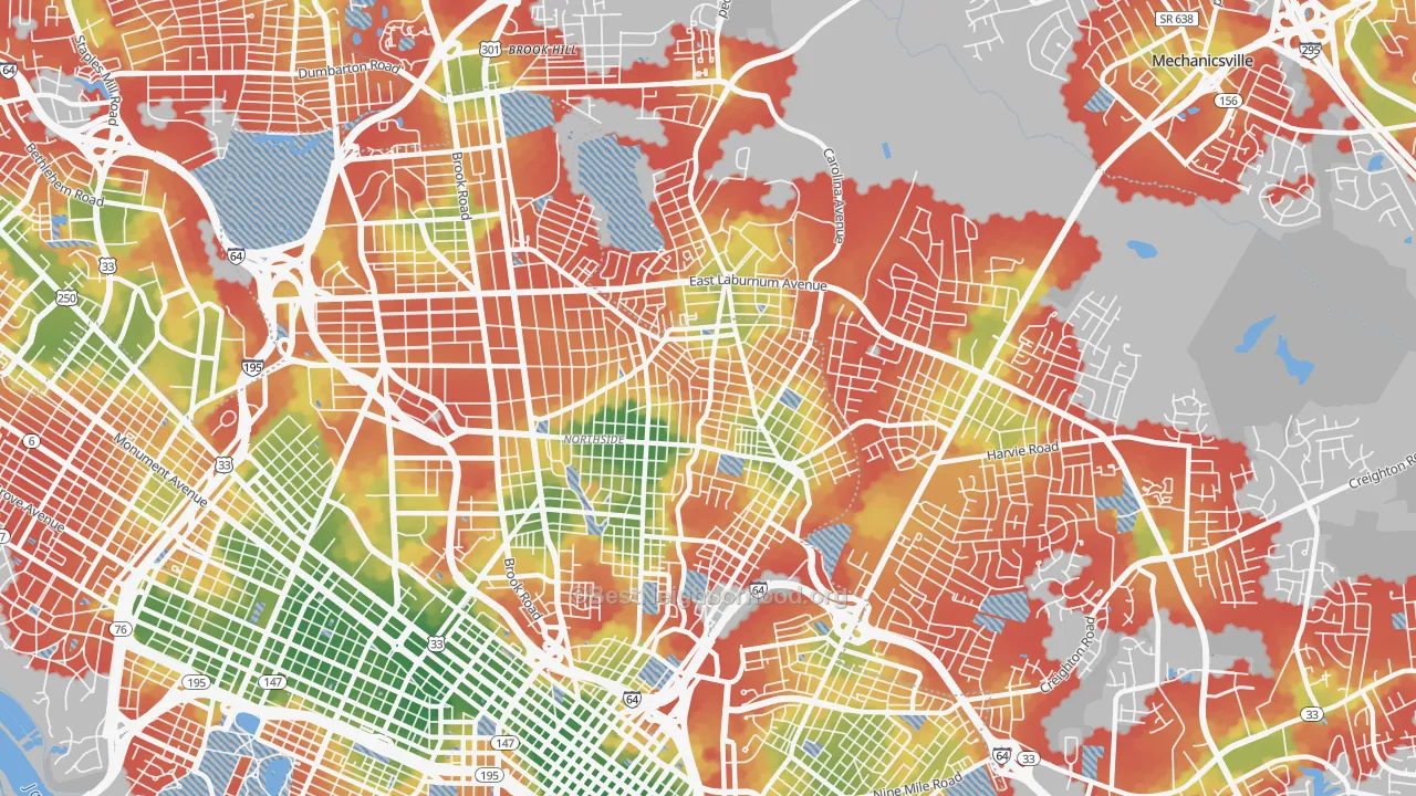 Walk Grade map of 23222, VA, walkable areas in green and car-dependent areas in red