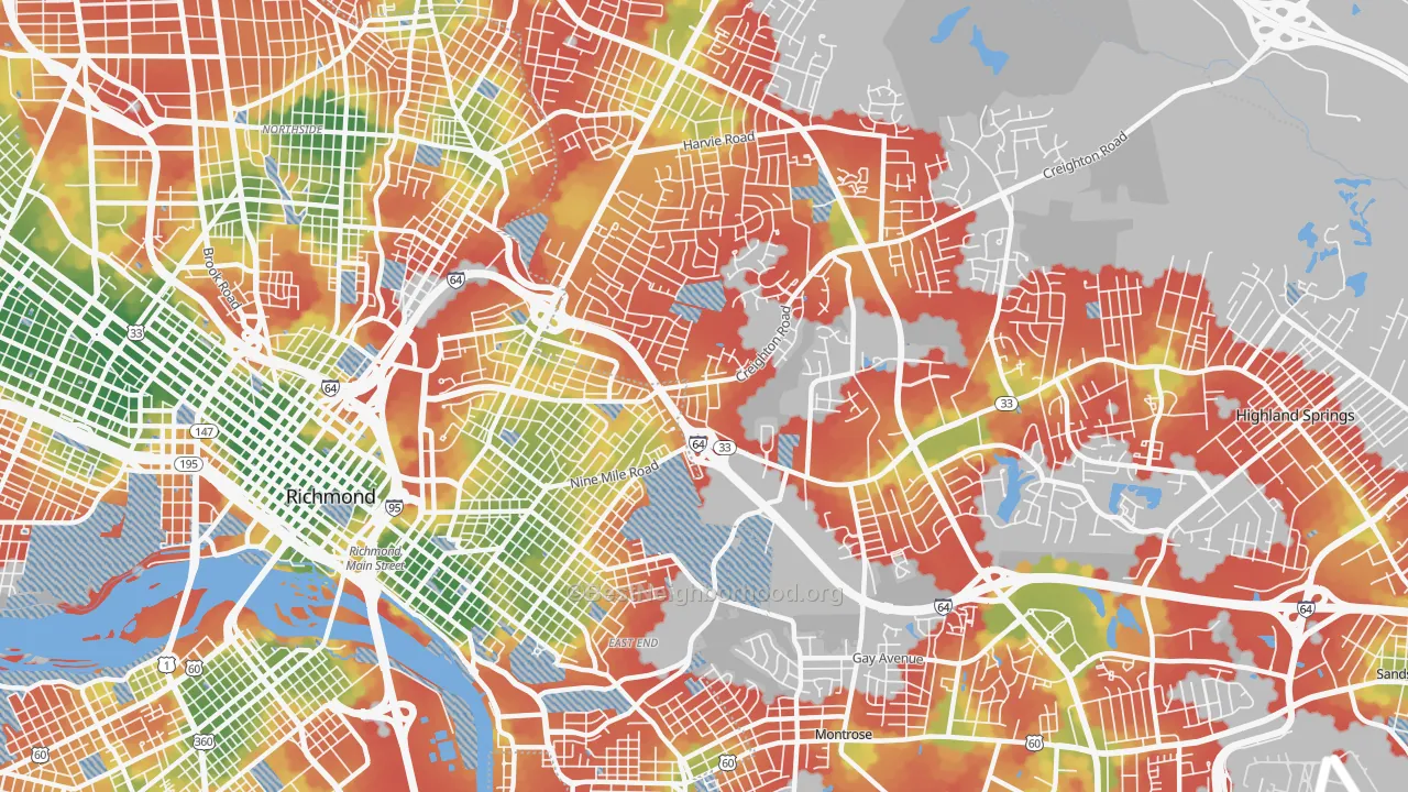 Walk Grade map of 23223, VA, walkable areas in green and car-dependent areas in red