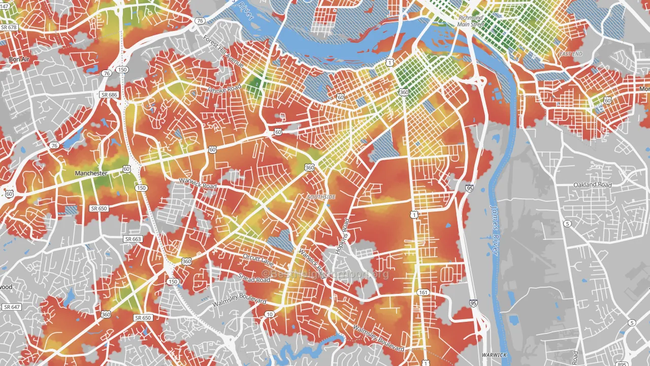 Walk Grade map of 23224, VA, walkable areas in green and car-dependent areas in red