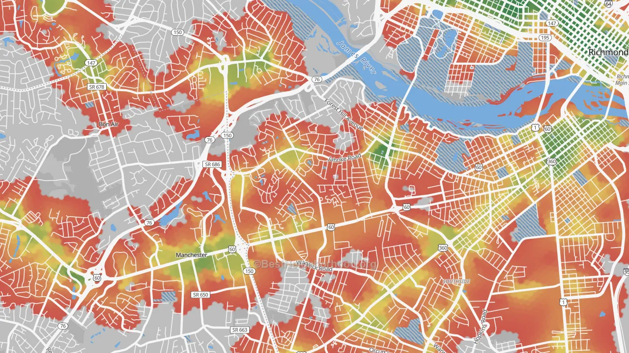 Walk Grade map of 23225, VA, walkable areas in green and car-dependent areas in red