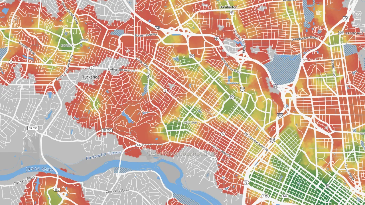 Walk Grade map of 23226, VA, walkable areas in green and car-dependent areas in red