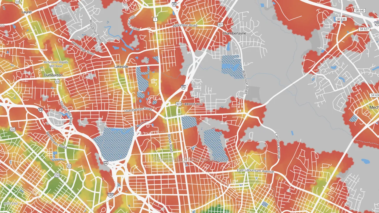 Walk Grade map of 23227, VA, walkable areas in green and car-dependent areas in red
