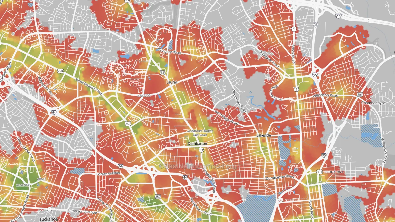 Walk Grade map of 23228, VA, walkable areas in green and car-dependent areas in red