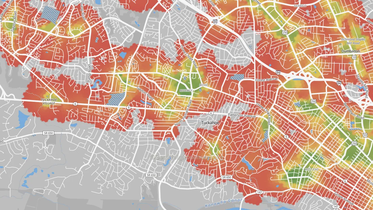 Walk Grade map of 23229, VA, walkable areas in green and car-dependent areas in red
