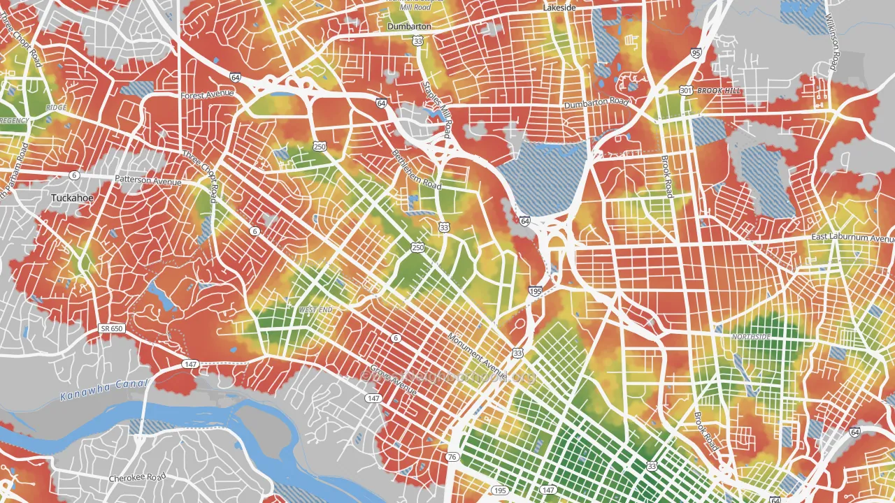 Walk Grade map of 23230, VA, walkable areas in green and car-dependent areas in red