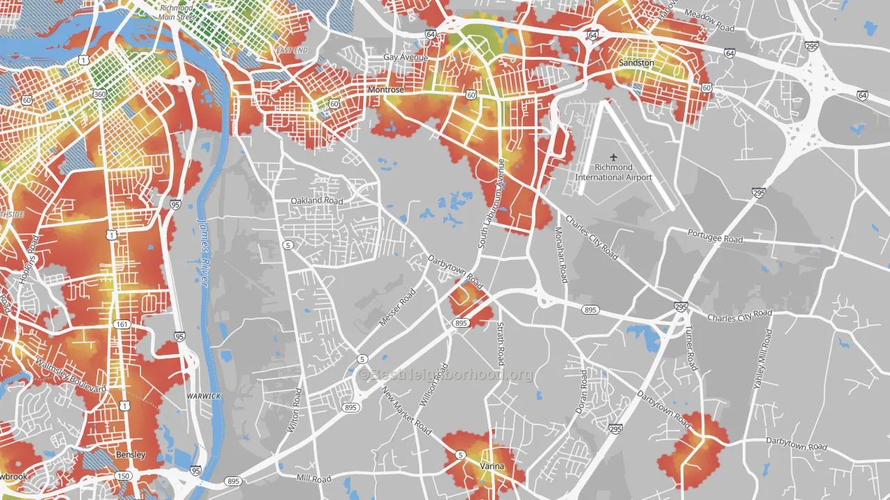 Walk Grade map of 23231, VA, walkable areas in green and car-dependent areas in red