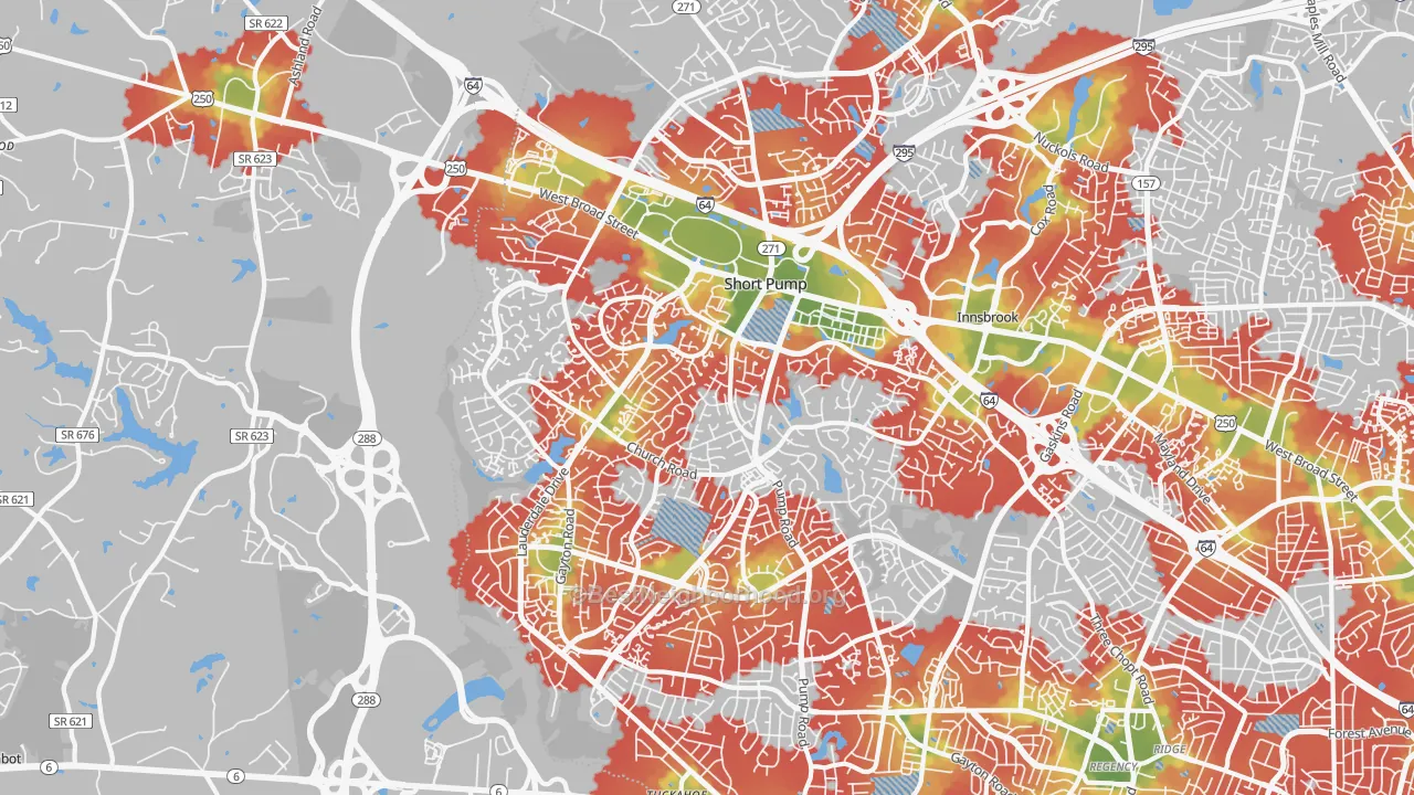 Walk Grade map of 23233, VA, walkable areas in green and car-dependent areas in red