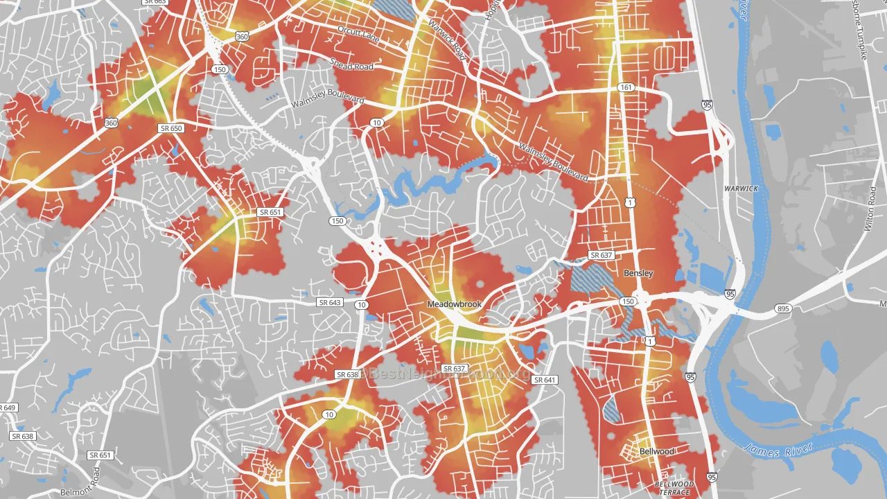 Walk Grade map of 23234, VA, walkable areas in green and car-dependent areas in red