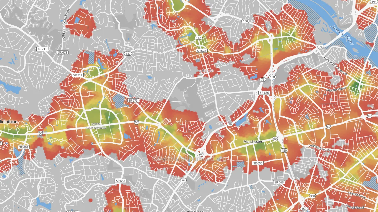 Walk Grade map of 23235, VA, walkable areas in green and car-dependent areas in red