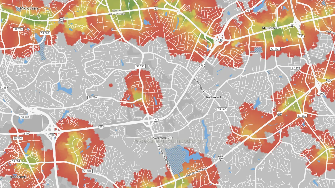 Walk Grade map of 23236, VA, walkable areas in green and car-dependent areas in red