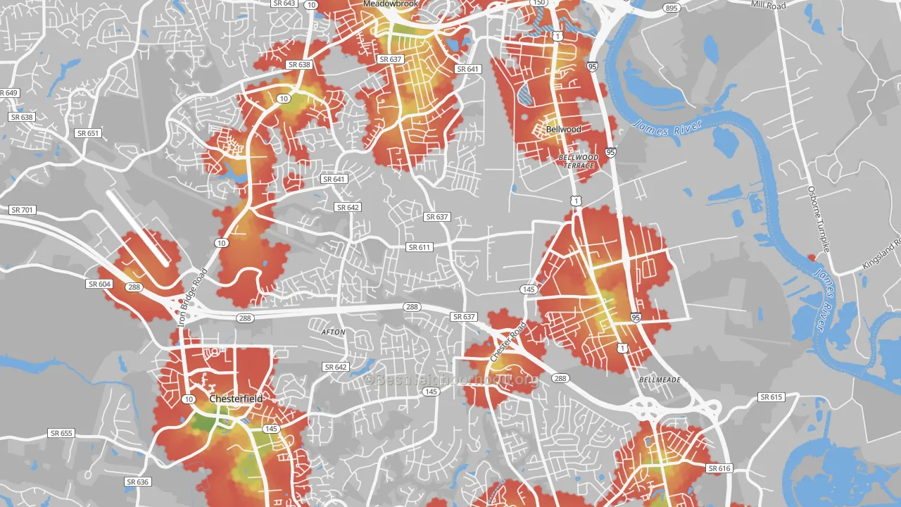Walk Grade map of 23237, VA, walkable areas in green and car-dependent areas in red