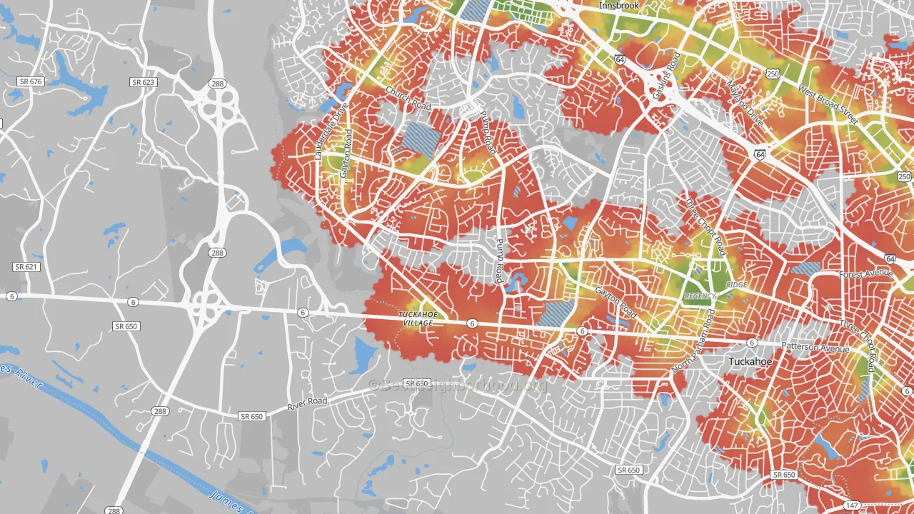 Walk Grade map of 23238, VA, walkable areas in green and car-dependent areas in red