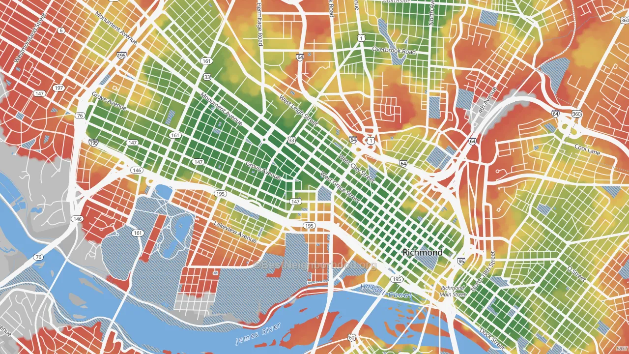 Walk Grade map of 23284, VA, walkable areas in green and car-dependent areas in red
