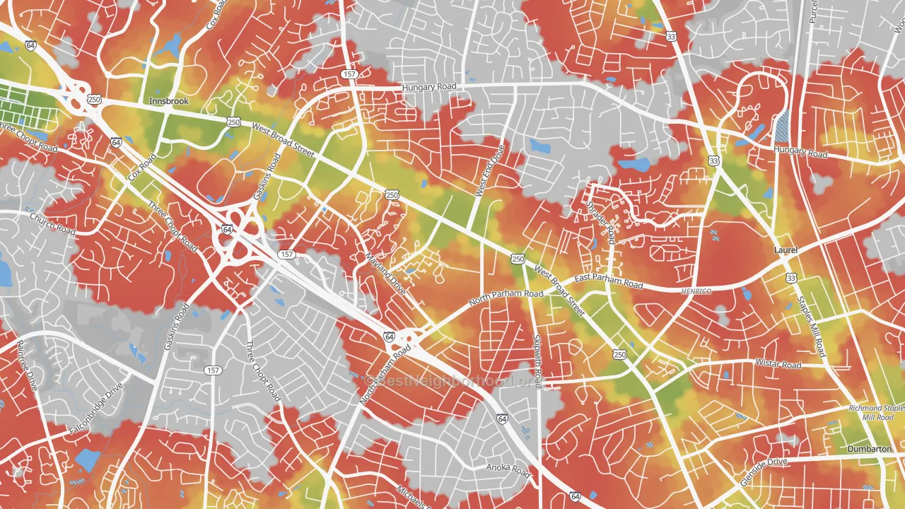 Walk Grade map of 23294, VA, walkable areas in green and car-dependent areas in red
