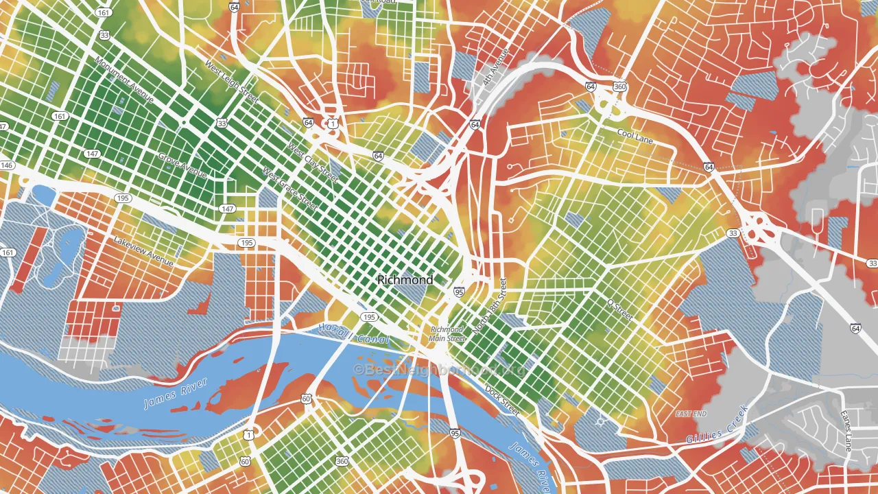 Walk Grade map of 23298, VA, walkable areas in green and car-dependent areas in red