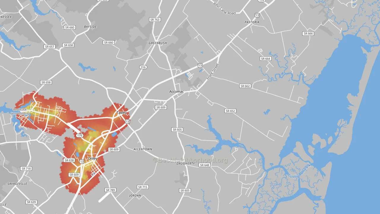 Walk Grade map of 23301, VA, walkable areas in green and car-dependent areas in red