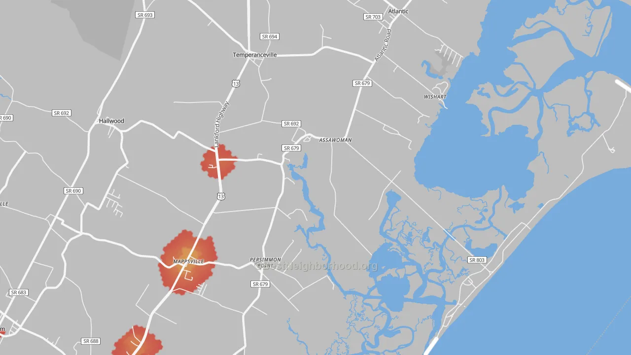 Walk Grade map of 23302, VA, walkable areas in green and car-dependent areas in red