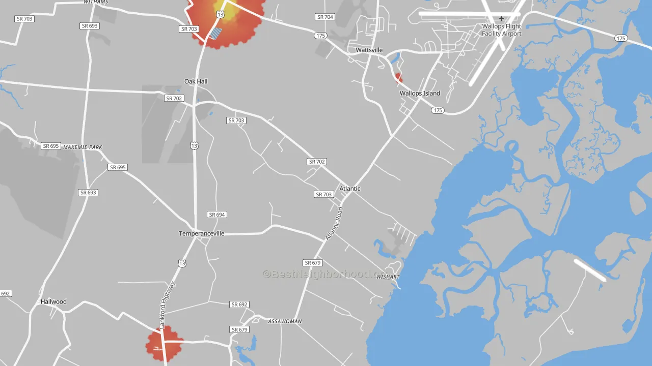Walk Grade map of 23303, VA, walkable areas in green and car-dependent areas in red
