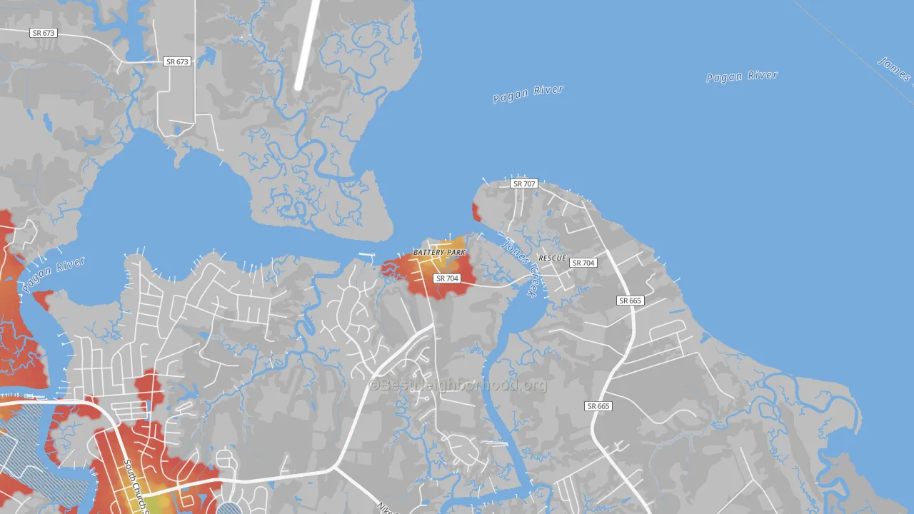Walk Grade map of 23304, VA, walkable areas in green and car-dependent areas in red