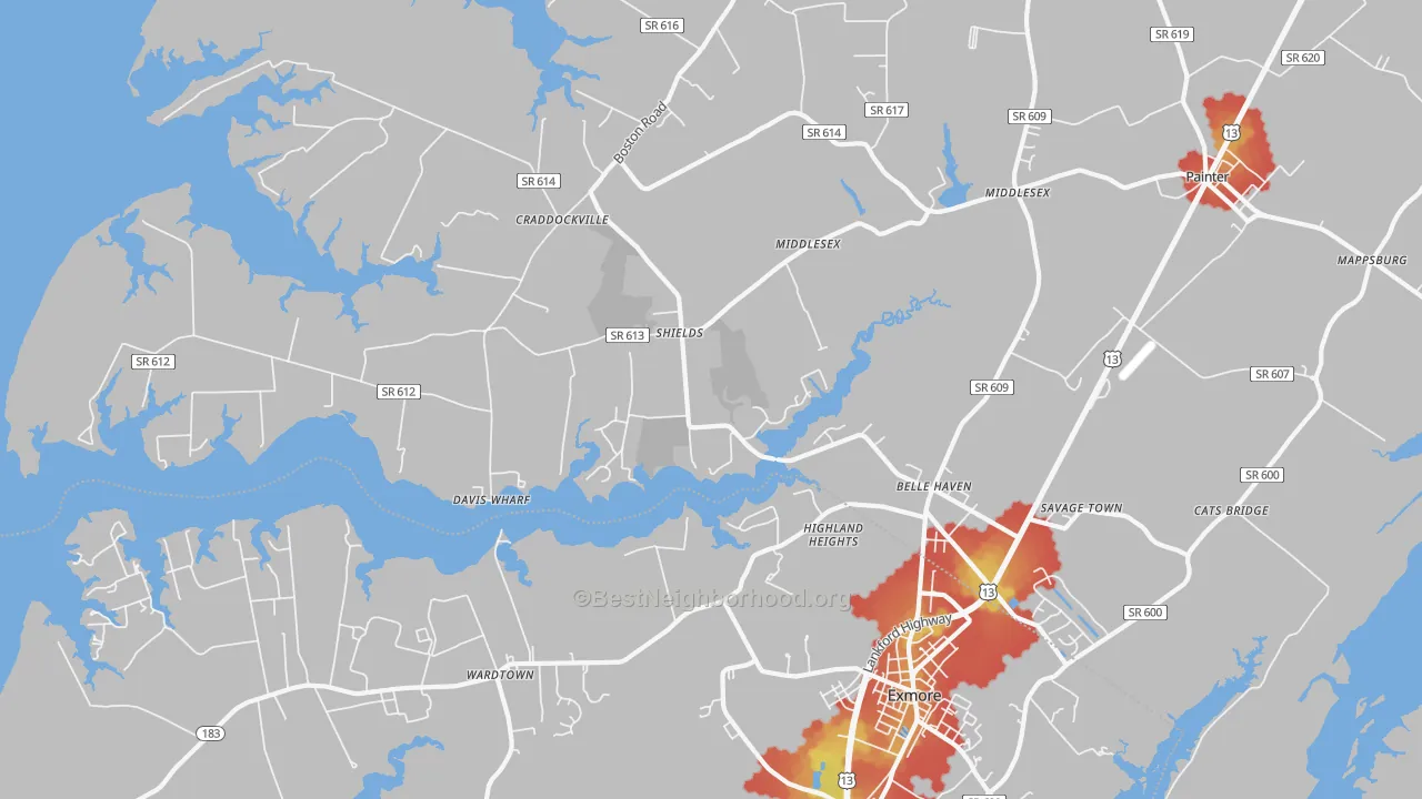 Walk Grade map of 23306, VA, walkable areas in green and car-dependent areas in red