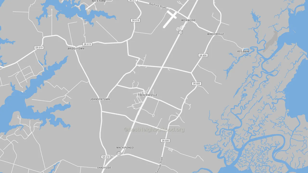 Walk Grade map of 23307, VA, walkable areas in green and car-dependent areas in red