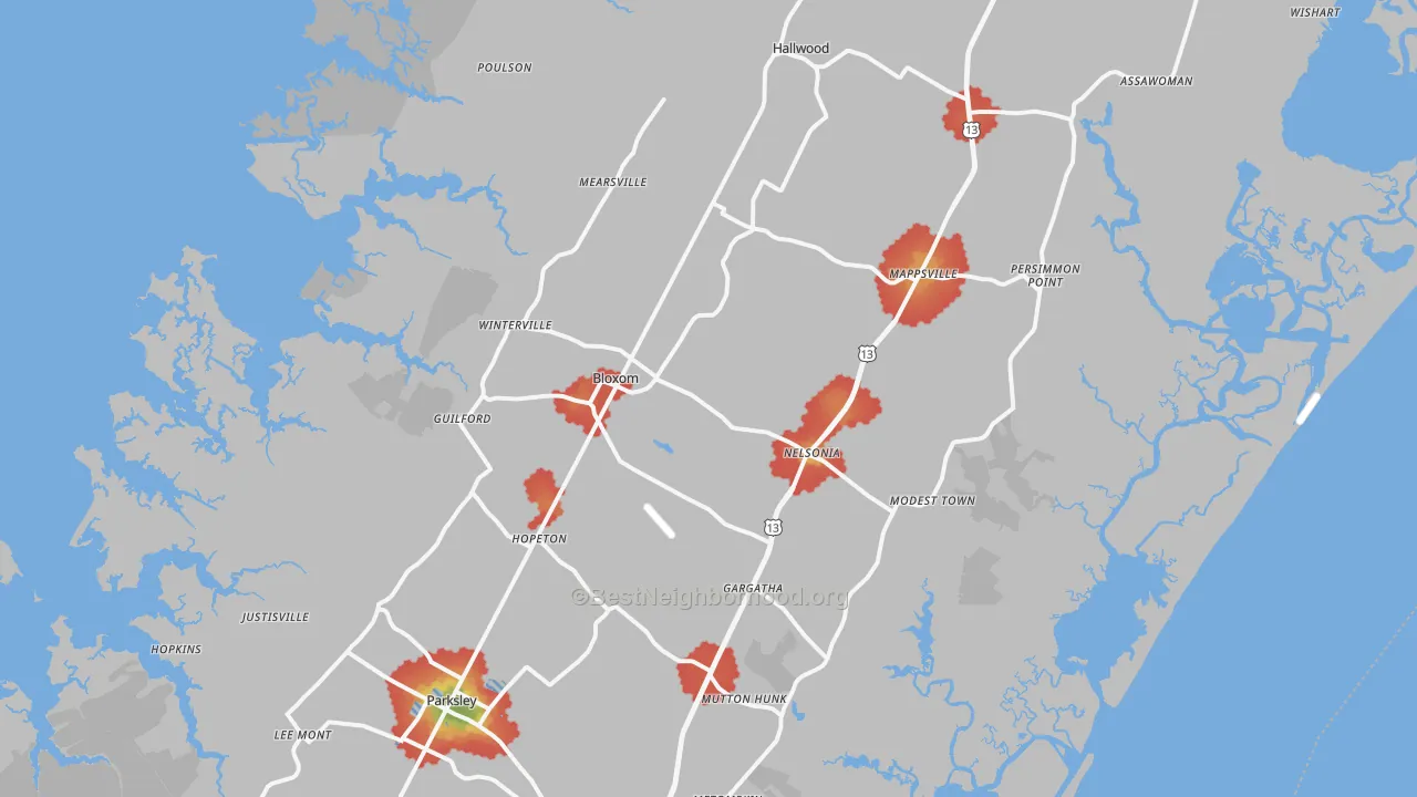 Walk Grade map of 23308, VA, walkable areas in green and car-dependent areas in red