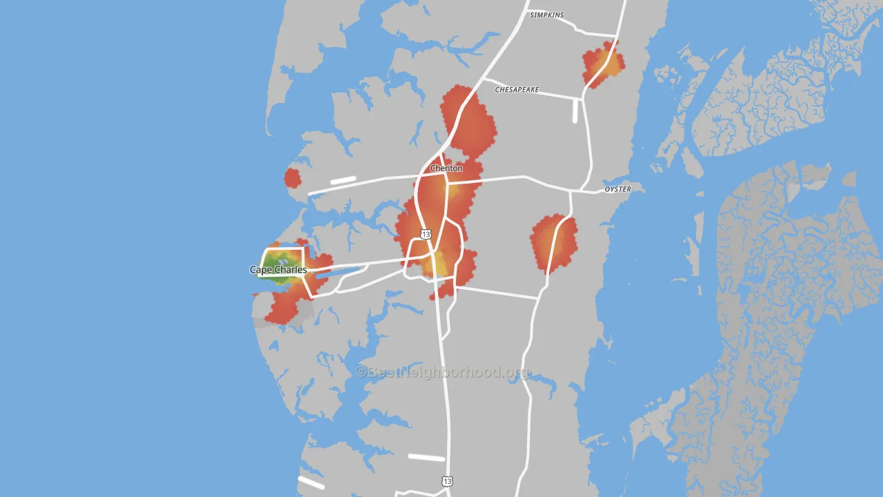 Walk Grade map of 23310, VA, walkable areas in green and car-dependent areas in red