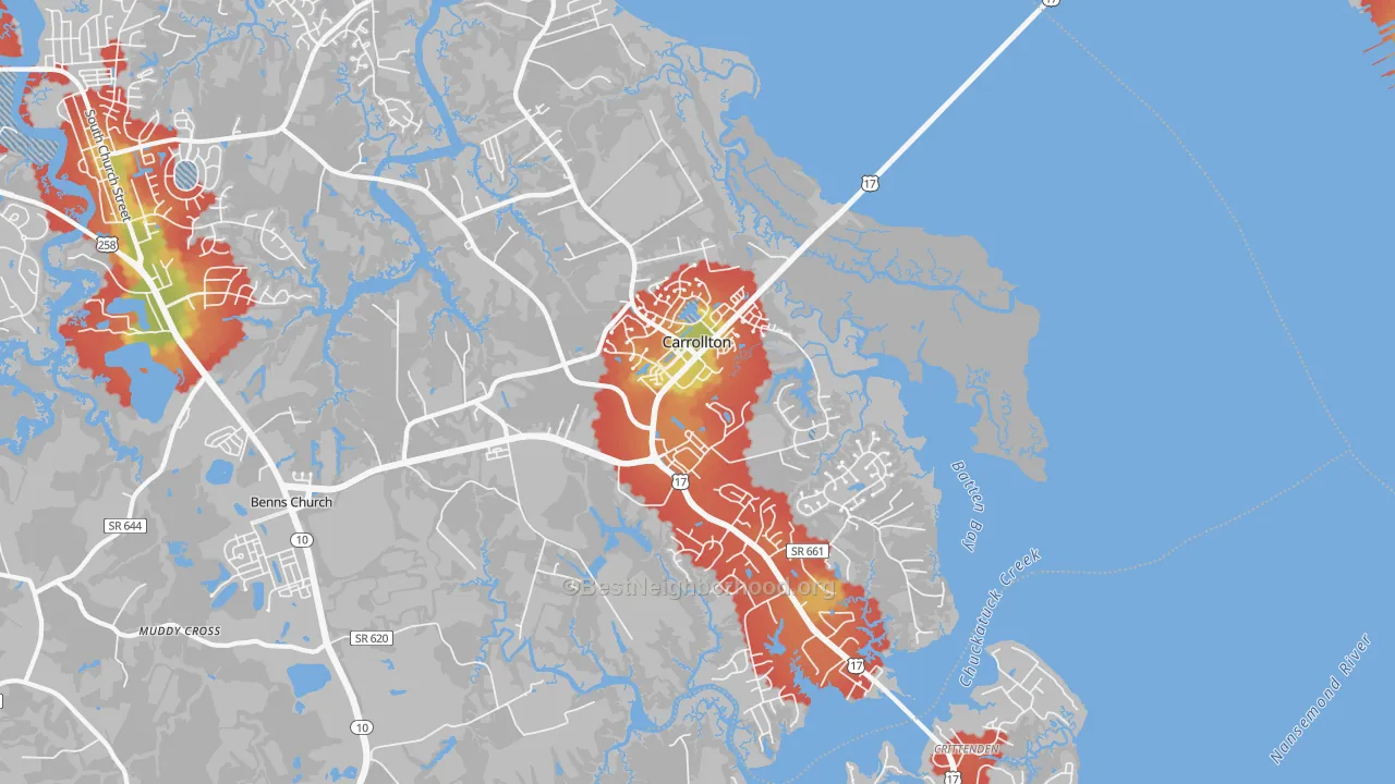 Walk Grade map of 23314, VA, walkable areas in green and car-dependent areas in red