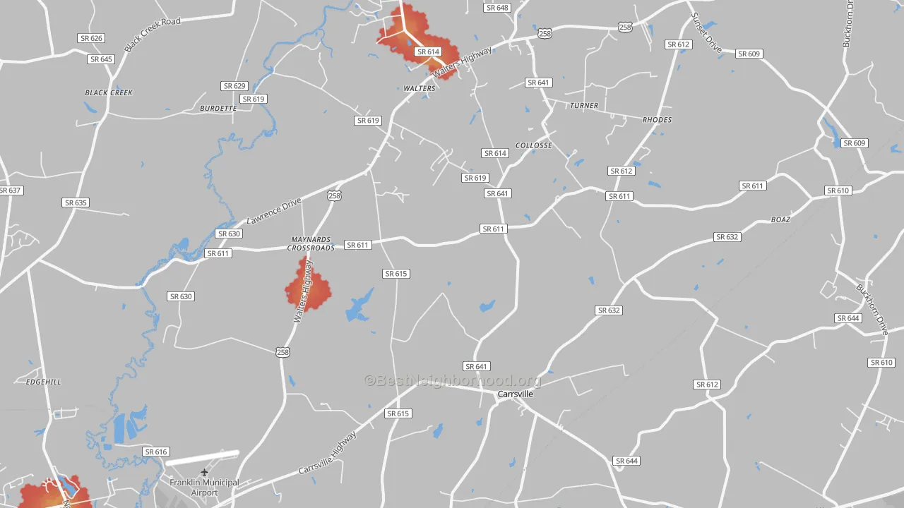 Walk Grade map of 23315, VA, walkable areas in green and car-dependent areas in red