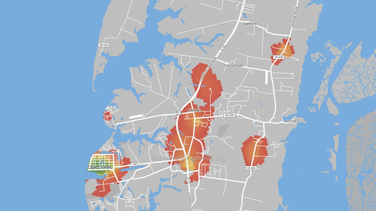 Walk Grade map of 23316, VA, walkable areas in green and car-dependent areas in red