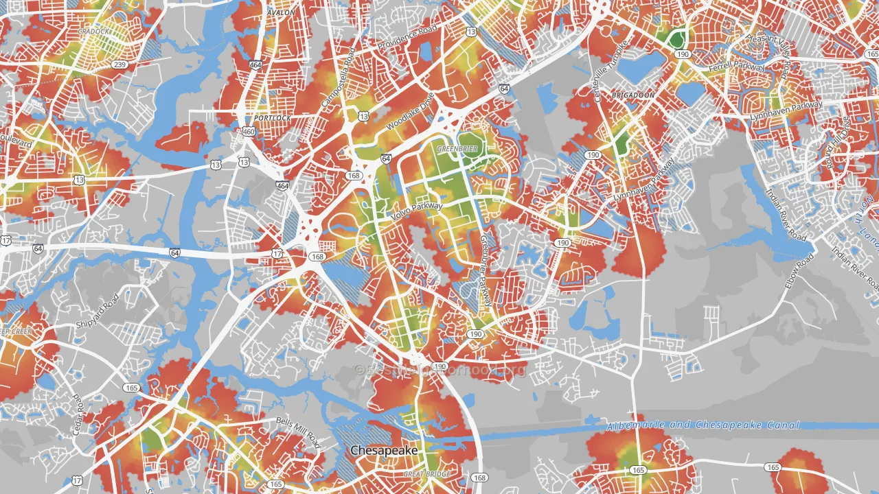 Walk Grade map of 23320, VA, walkable areas in green and car-dependent areas in red