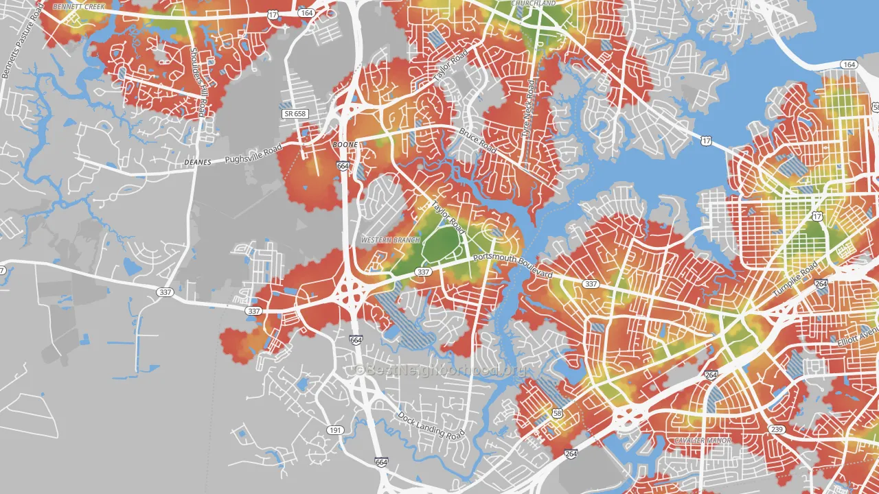 Walk Grade map of 23321, VA, walkable areas in green and car-dependent areas in red