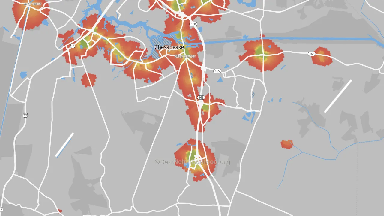 Walk Grade map of 23322, VA, walkable areas in green and car-dependent areas in red